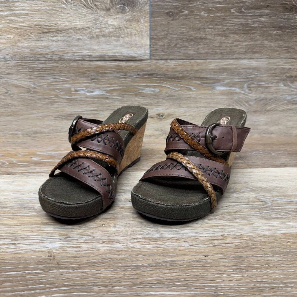 Skechers Modiste Brown Braided Leather Straps Wedge Sandals Women's Size 6